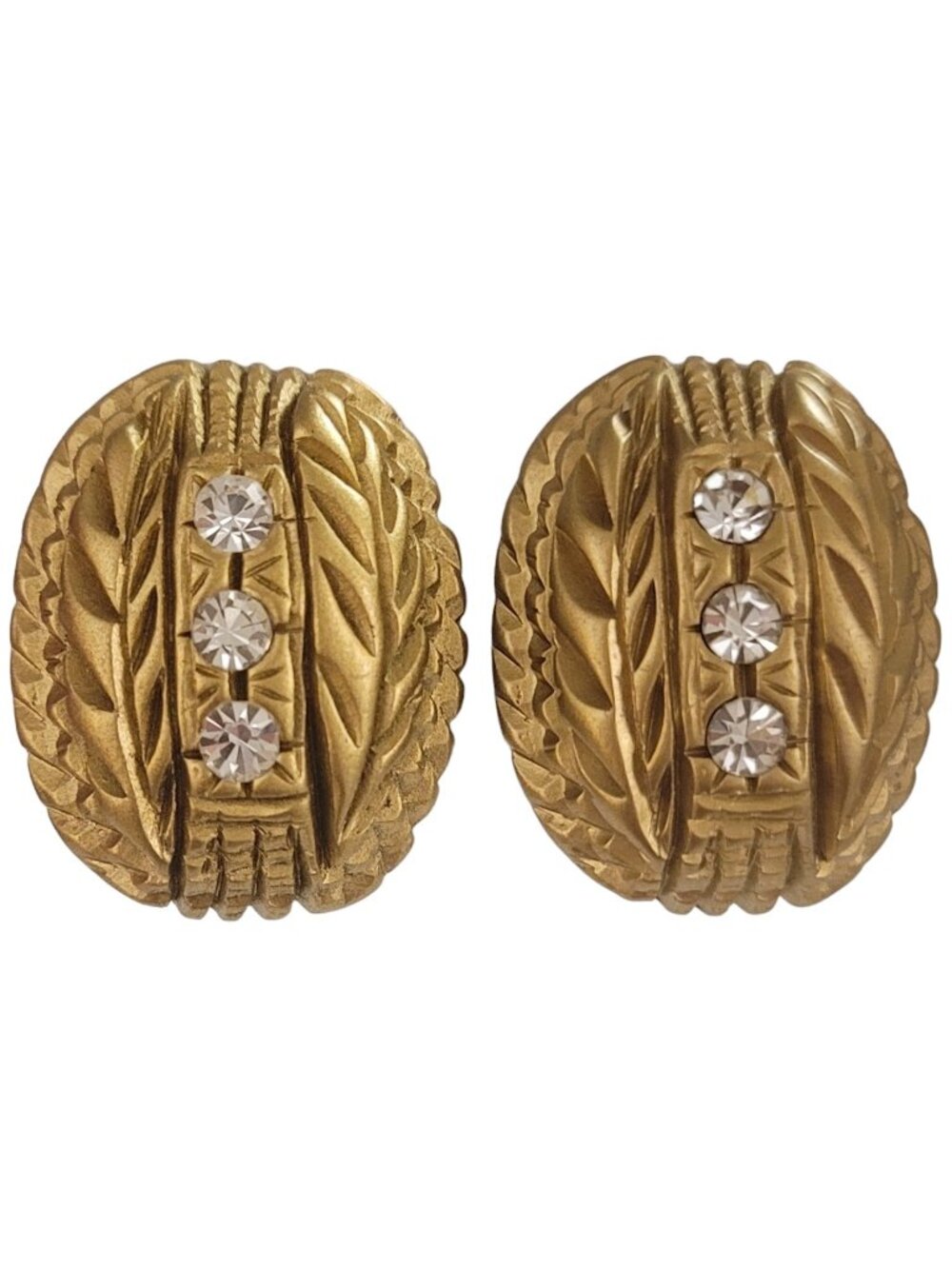 Gold Tone Gilt Style Plastic Clear Glass Rhinestone Oval Leaf Clip Earrings K979